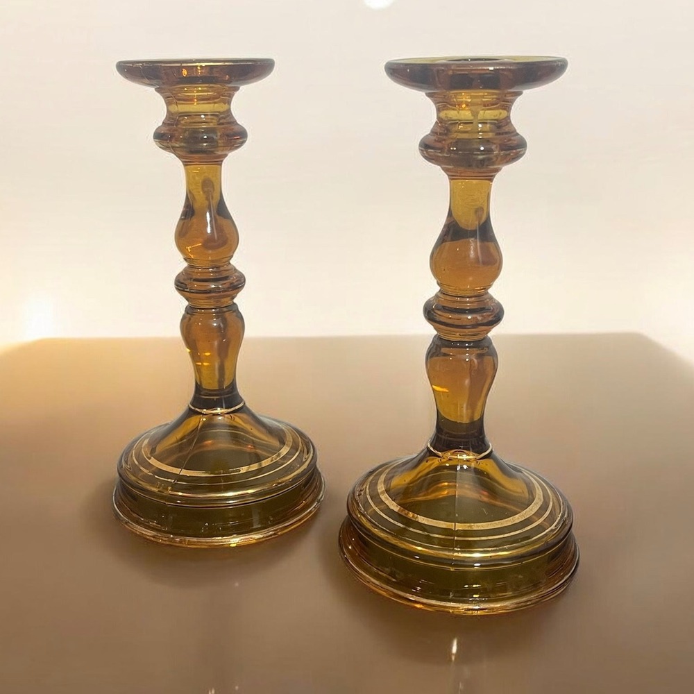 Vintage Amber Glass Candlestick Holder Pair Gold Tone Trim Taper Set Chic Retro